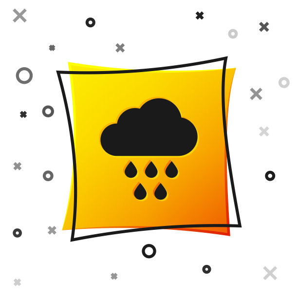 黑色的云与雨图标孤立在白色的背景。雨云与雨滴一起沉淀。黄色正方形按钮。矢量图图片下载
