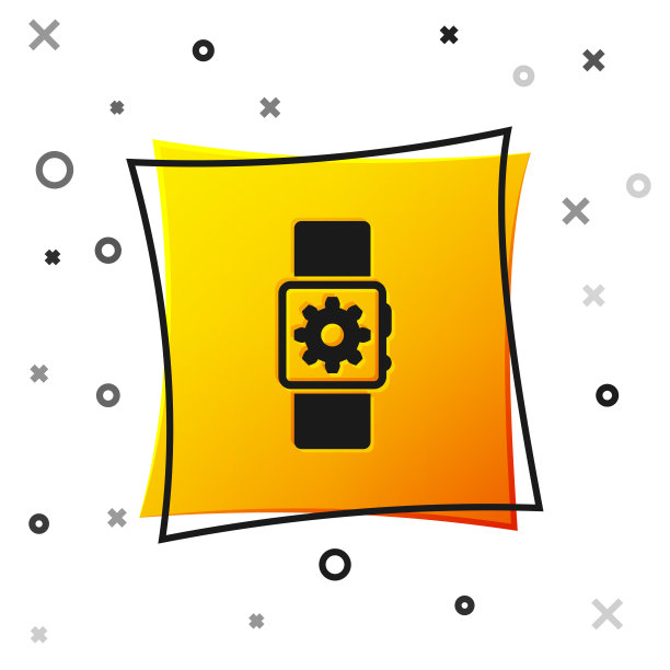 黑色智能手表设置图标隔离在白色背景。智能表设置。黄色正方形按钮。矢量图图片下载