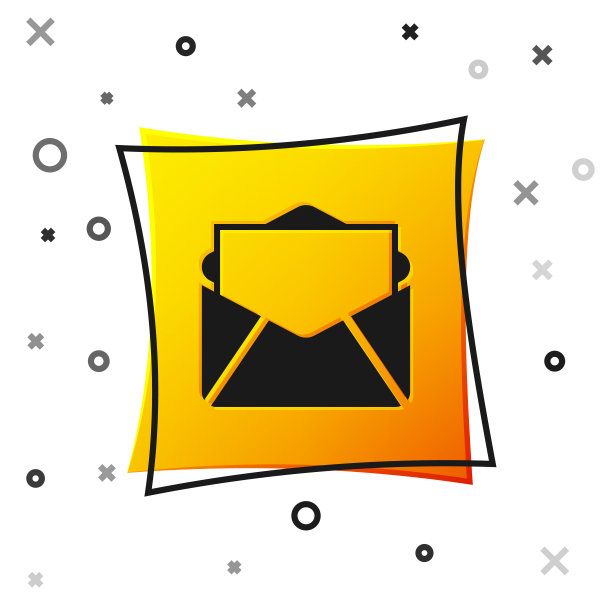 黑邮件和电子邮件图标孤立的白色背景。电子邮件信封标志。邮件标志。黄色正方形按钮。矢量图图片下载