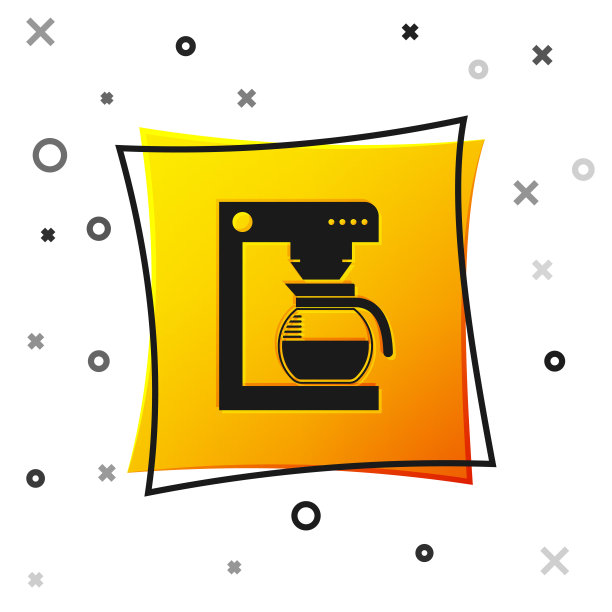 黑咖啡机与玻璃壶图标隔离在白色背景。黄色正方形按钮。矢量图图片下载