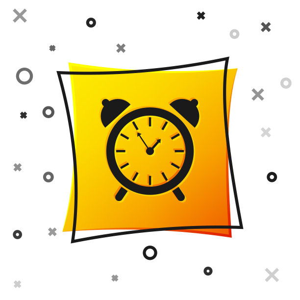 黑色闹钟图标隔离在白色背景上。醒醒，起床的概念。时间信号。黄色正方形按钮。矢量图图片下载