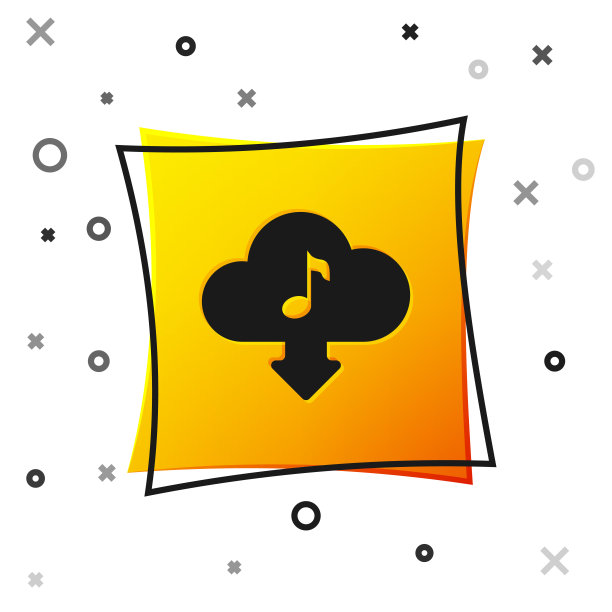 黑云下载音乐图标孤立的白色背景。音乐流媒体服务，声音云计算，在线媒体流媒体，音频波。黄色正方形按钮。矢量图图片下载