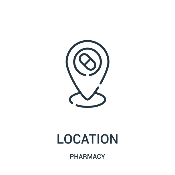 从药房收集位置图标向量。细线位置轮廓图标矢量插图。图片下载