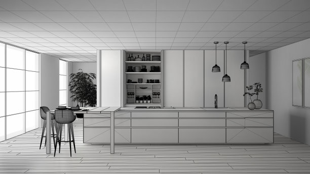 未完成项目的极简厨房，岛，桌子，凳子和开放式橱柜配件，窗户，竹子，水培花瓶，拼花，室内设计理念的想法图片下载