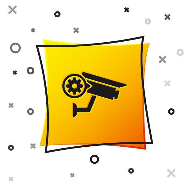 黑色安全摄像头和齿轮图标隔离在白色背景。调整app，服务理念，设置选项，维护，维修，固定。黄色正方形按钮。矢量图图片下载