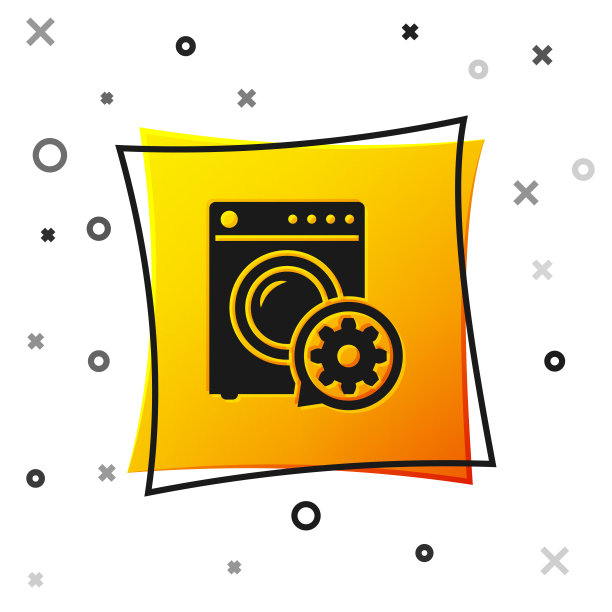 黑色的垫圈和齿轮图标隔离在白色的背景。调整app，服务理念，设置选项，维护，维修，固定。黄色正方形按钮。矢量图图片下载