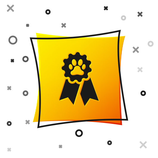 黑色宠物奖符号图标孤立的白色背景。带有狗或猫爪印的徽章和饰带。金牌的动物。黄色正方形按钮。矢量图图片下载