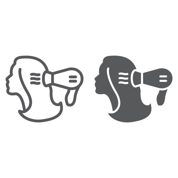 吹干线和字形图标，美发师和吹风机，吹风机标志，矢量图形，白色背景上的线性模式。图片下载