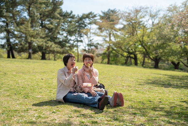 老母和女儿在草地上吃东西图片下载