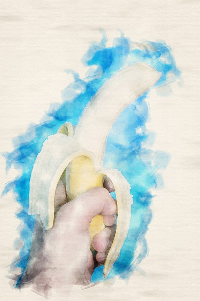 手拿一个剥了皮的香蕉在蓝色背景水彩画图片下载