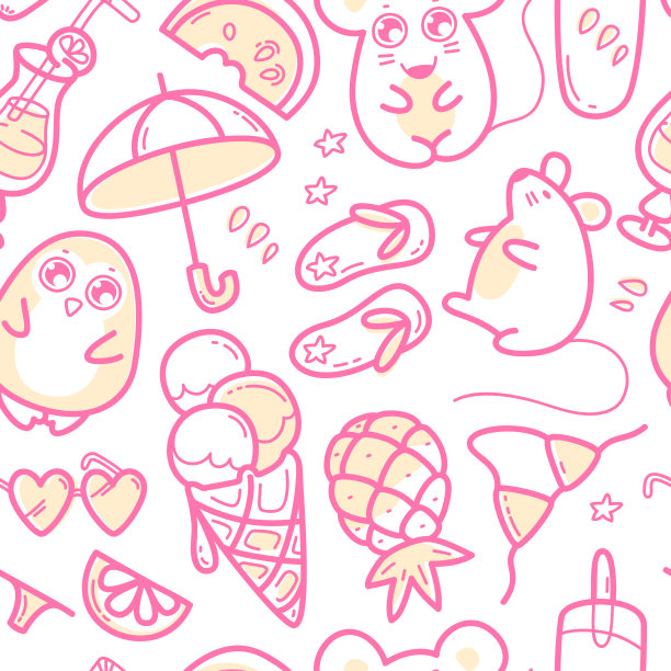 超可爱的动物企鹅，老鼠和夏天的甜水果，鸡尾酒和冰淇淋和夏季元素人字拖，比基尼和雨伞卡哇伊无缝图案。图片下载