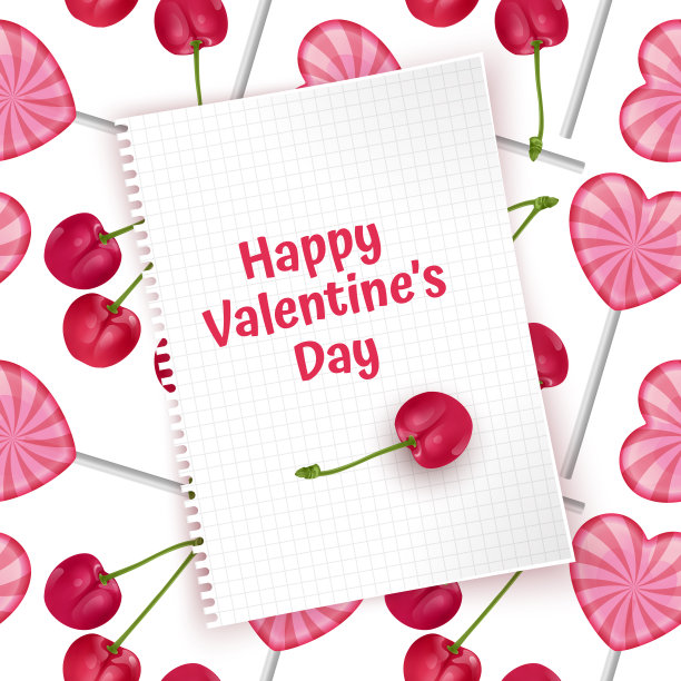 贺卡情人节快乐，贺卡有天衣无缝，无边无际的背景有糖果和红樱桃。背景海报或横幅图片下载