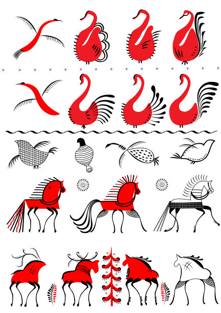 俄罗斯Mezen绘画的设计元素集。绘画用的装饰图案。用于形状和画笔的元素。用于创建模板的图形详细信息。鸟、鹿、马、驼鹿的模板。图片下载