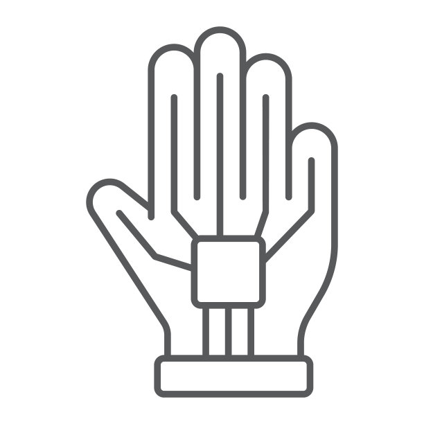 VR手套细线图标、虚拟技术、有线手套标志、矢量图形、白色背景上的线性图案。图片下载