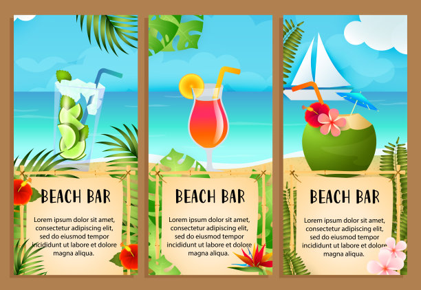 海滩酒吧字母设置与大海和异国情调的鸡尾酒图片下载