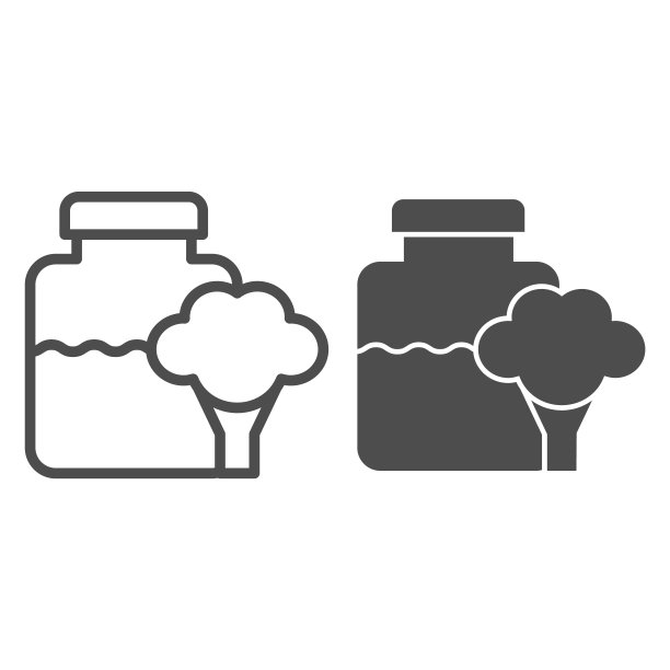 玻璃罐婴儿食品线和字形图标。花椰菜在罐子载体插图孤立在白色。天然蔬菜宝宝营养大纲风格设计，专为网页和应用。Eps 10。图片下载
