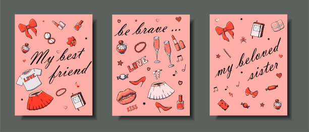 一套手绘模板时尚卡片女孩的东西，浪漫的对象和短语。印有女性服装、珠宝、化妆品和礼品的明信片。真正的矢量图。图片下载