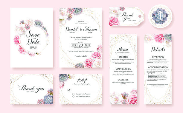 花卉婚礼邀请卡，保存日期，谢谢，回复，表标签，菜单，细节，太古模板。粉红色和白色玫瑰花，多肉植物。图片下载