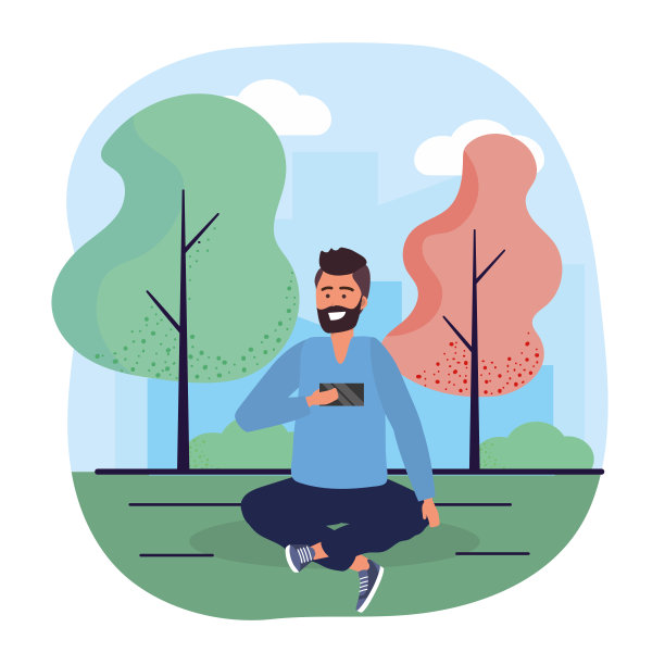 有智能手机技术的男人，座位上有树图片下载