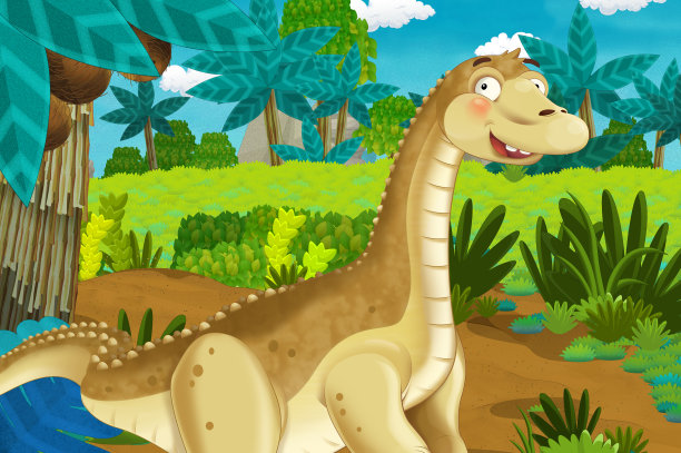 以恐龙梁龙为背景的卡通场景图片下载