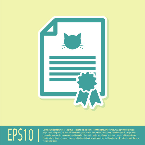 绿色旅行医疗证明，黄色背景上有孤立的狗或猫图标。文档的宠物。狗或猫的爪印。矢量图图片下载