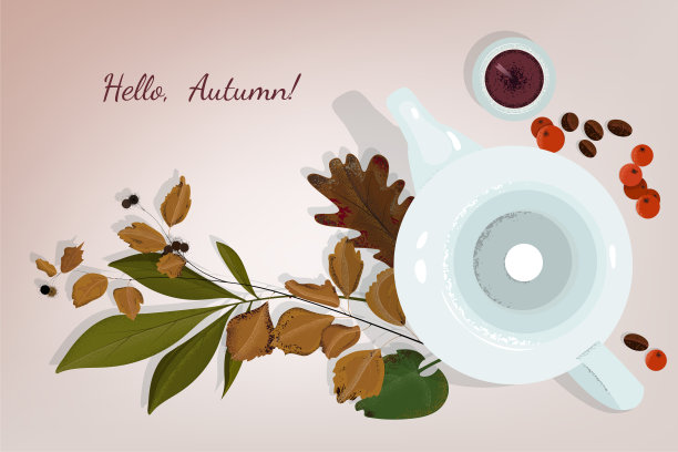 秋天的静物，蜡烛和水壶，周围是秋叶、咖啡粒和龙葵浆果图片下载