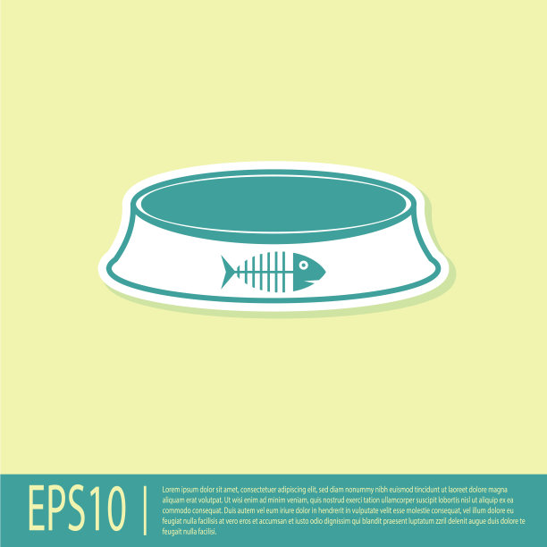 绿色宠物食品碗猫或狗图标孤立在黄色背景。鱼骨架的迹象。矢量图图片下载