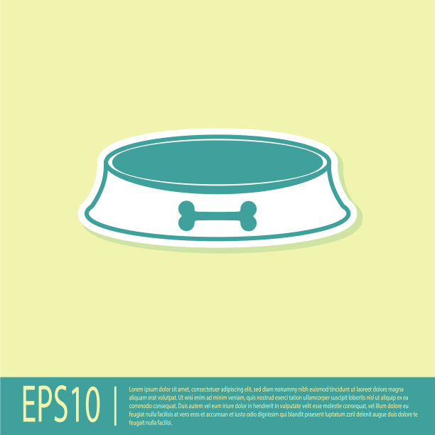 绿色宠物食品碗猫或狗图标孤立在黄色背景。狗骨头的迹象。矢量图图片下载
