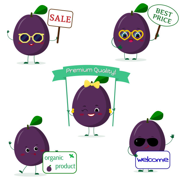 一套五个可爱的梅花紫色卡通水果。用不同的盘子和玻璃杯。标志,模板,设计。平的,矢量图图片下载