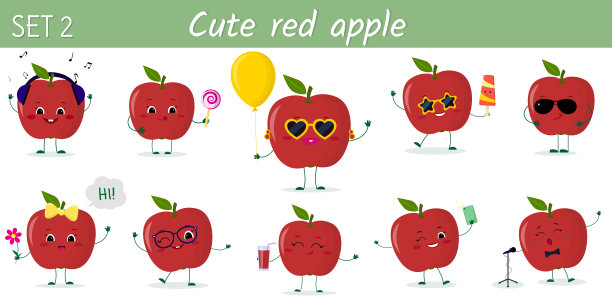 十个可爱可爱的红苹果人物在各种姿势和配件在卡通风格。矢量插图，平面设计图片下载