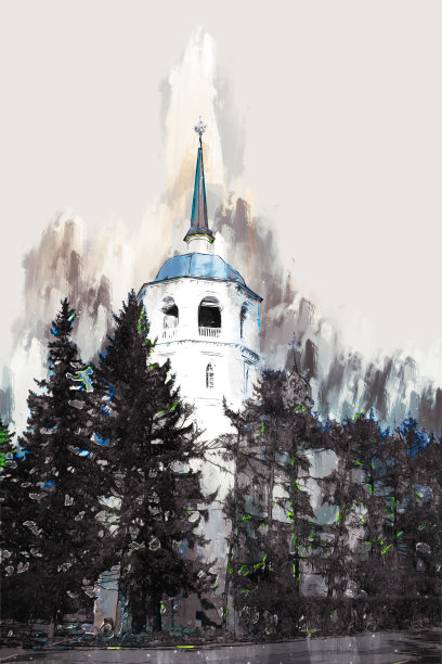 数字教堂绘画，教堂插图图像图片下载