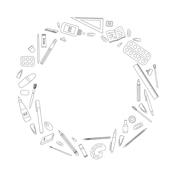 矢量黑色和白色文具，办公室或学校用品框在圆圈。图片下载