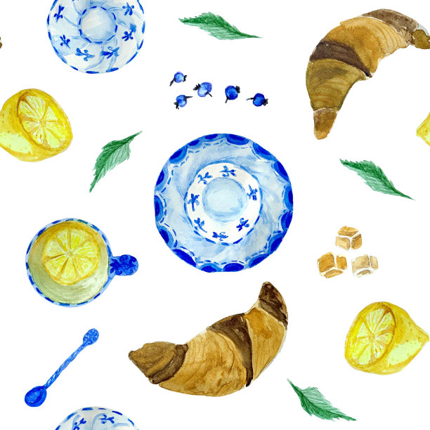 水彩无缝图案与茶，牛角面包和柠檬图片下载