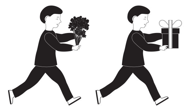 孩子的剪影与鲜花和礼物。图片下载