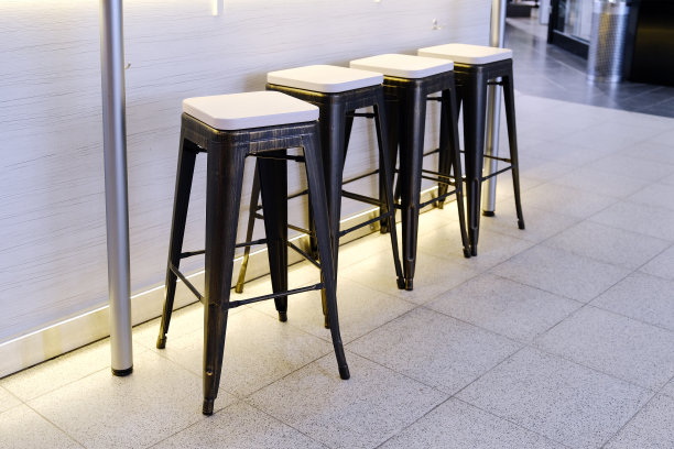 咖啡馆里的椅子。高的椅子上。等待客户。图片下载