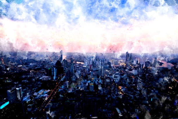 数字绘画的建筑在大城市在多色图片下载