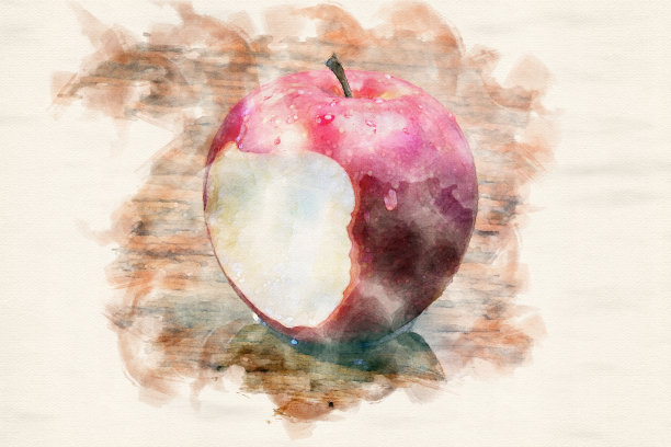 水彩画木桌上咬着的湿红苹果图片下载