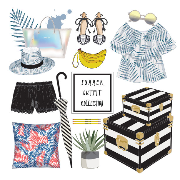 矢量手绘时装插图。一套热带植物的夏装系列。图片下载