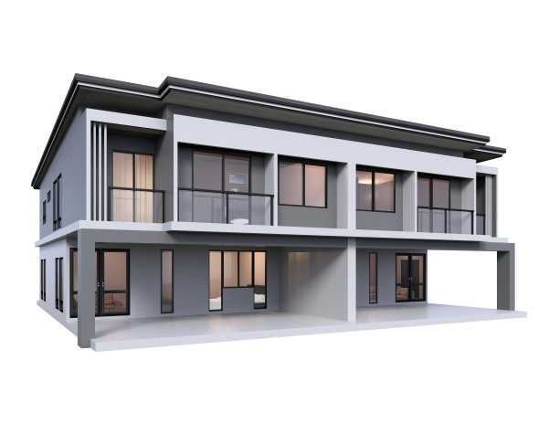 现代联排别墅3d渲染豪华风格孤立的白色背景。图片下载