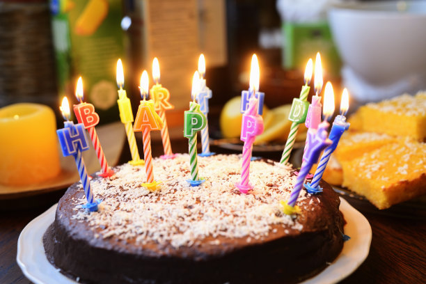 一个生日蛋糕，上面点着蜡烛，上面写着生日快乐图片下载