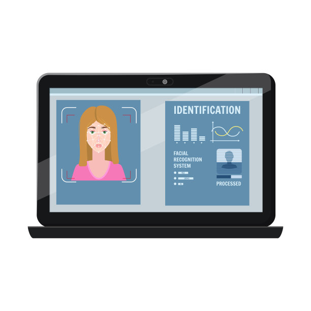 人脸识别。识别生物特征的人，通过智能识别系统识别人脸，女人的个性。一台笔记本电脑扫描一个人的脸，形成一个多边形网格，一个由线和点组成的框架。Vect图片下载