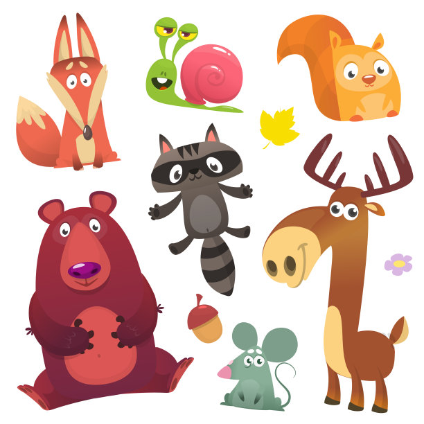 卡通森林动物设置。平面矢量插图设计。松鼠，蜗牛，浣熊，老鼠，狐狸，鹿或驼鹿，熊图片下载