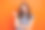 近距离的照片美丽惊人的她，她的女士，亮红色的口红，保持发挥手臂卷发，快乐的随和，穿休闲条纹白蓝色t恤，衣服孤立的橙色明亮的背景图片下载