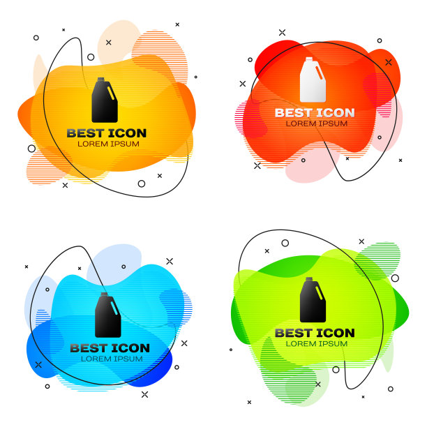 黑色家用化学品空白塑料瓶图标上的白色背景。液体洗涤剂或肥皂，去污剂，漂白剂。一套液体颜色抽象几何形状。矢量图图片下载