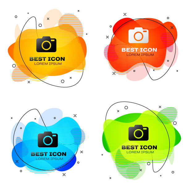 黑色照片相机图标孤立在白色背景。与相机图标。一套液体颜色抽象几何形状。矢量图图片下载