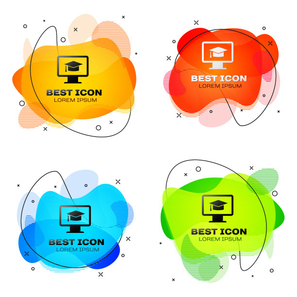 黑色电脑显示器与毕业帽图标隔离。在线学习或电子学习的概念。互联网知识的象征。一套液体颜色抽象几何形状。矢量图图片下载