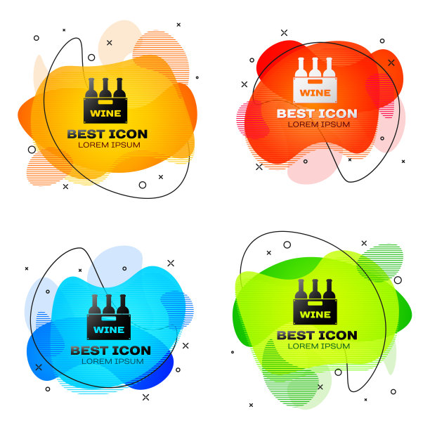 黑瓶酒在一个木盒图标孤立。酒瓶在木条箱图标。一套液体颜色抽象几何形状。矢量图图片下载