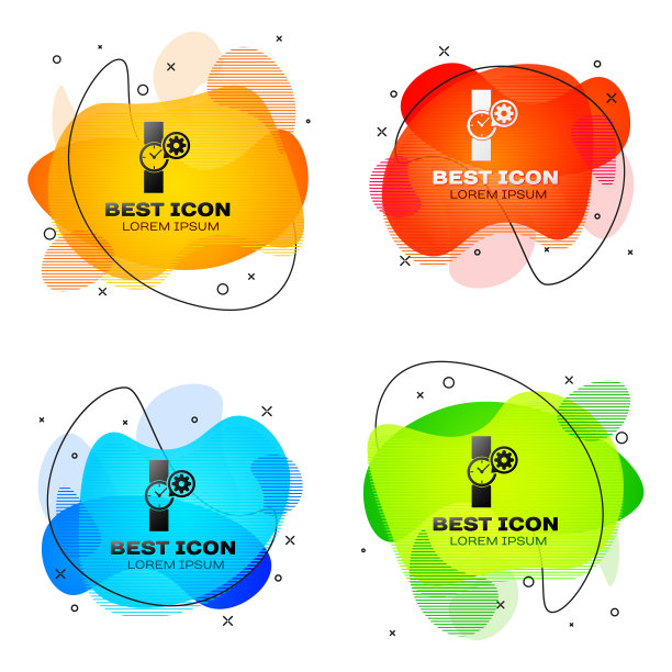 黑色腕表和齿轮图标隔离。调整app，服务理念，设置选项，维护，维修，固定。一套液体颜色抽象几何形状。矢量图图片下载