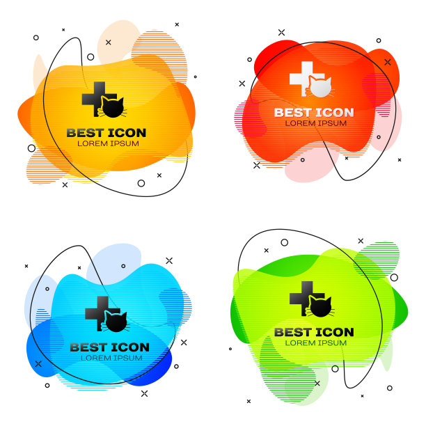 黑色兽医诊所标志图标孤立。交叉猫兽医护理。宠物急救标志。一套液体颜色抽象几何形状。矢量图图片下载