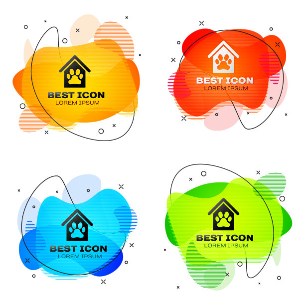 黑狗房子和爪印宠物图标孤立在白色背景。狗窝。一套液体颜色抽象几何形状。矢量图图片下载